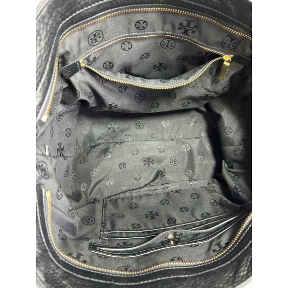 Tory Burch Meyer Plaque Pebbled Leather Tote Bag in Black - Picture 8 of 10